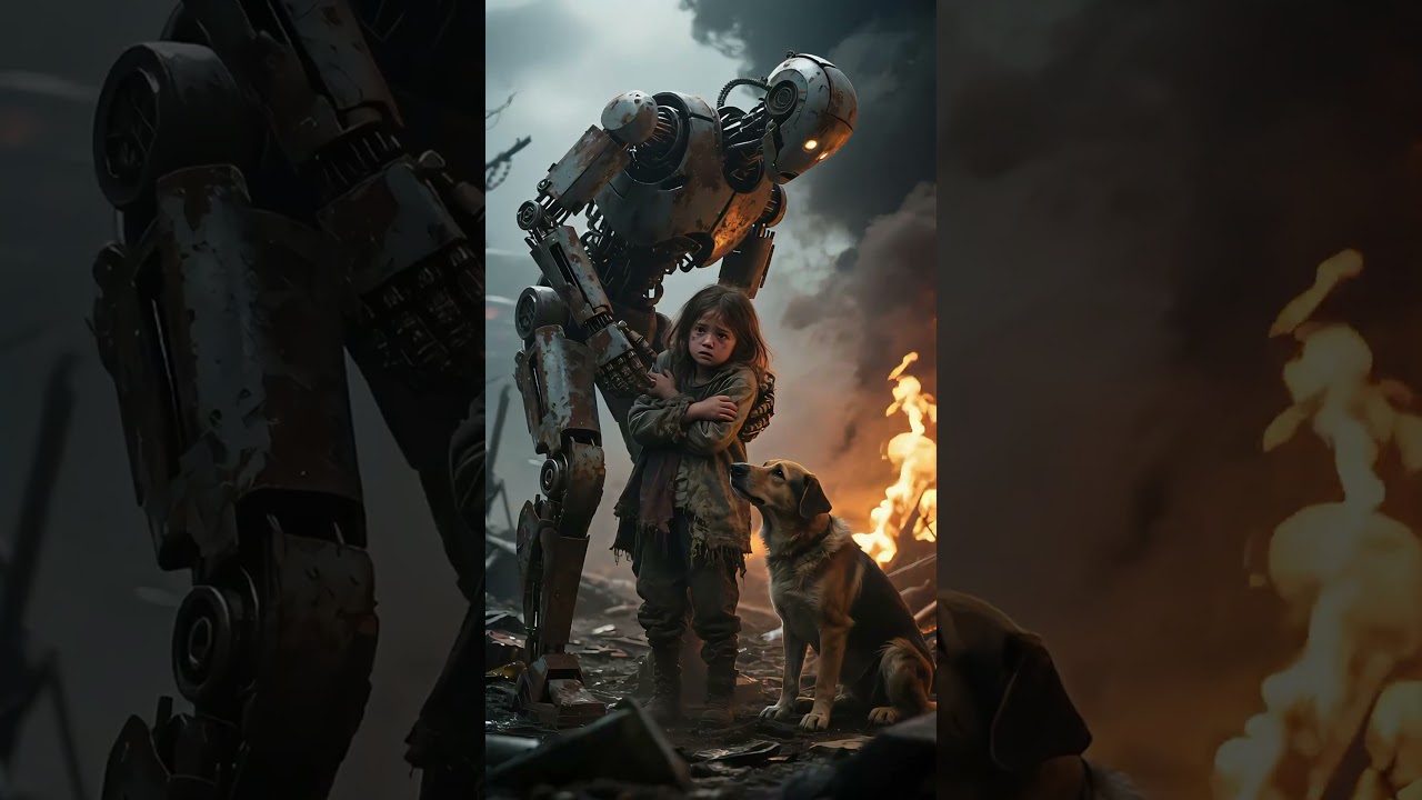 The robot, carrying a search and rescue dog, rescues a 10-year-old girl on the intense battlefield.